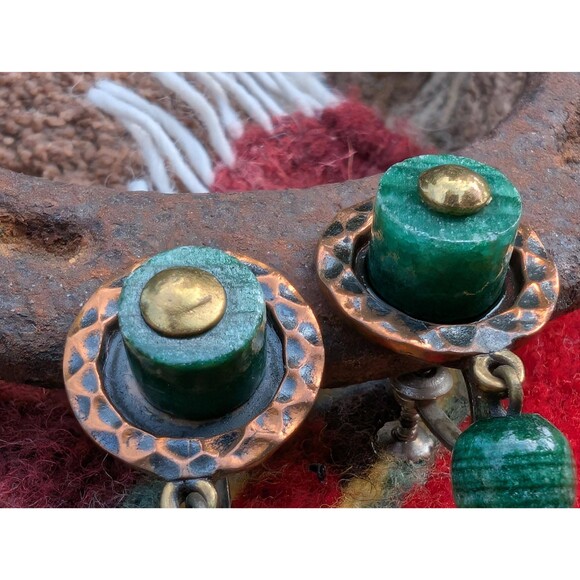 Vintage Casa Maya Copper Onyx Earrings, Mixed Metal Screw On Earrings - Picture 2 of 10